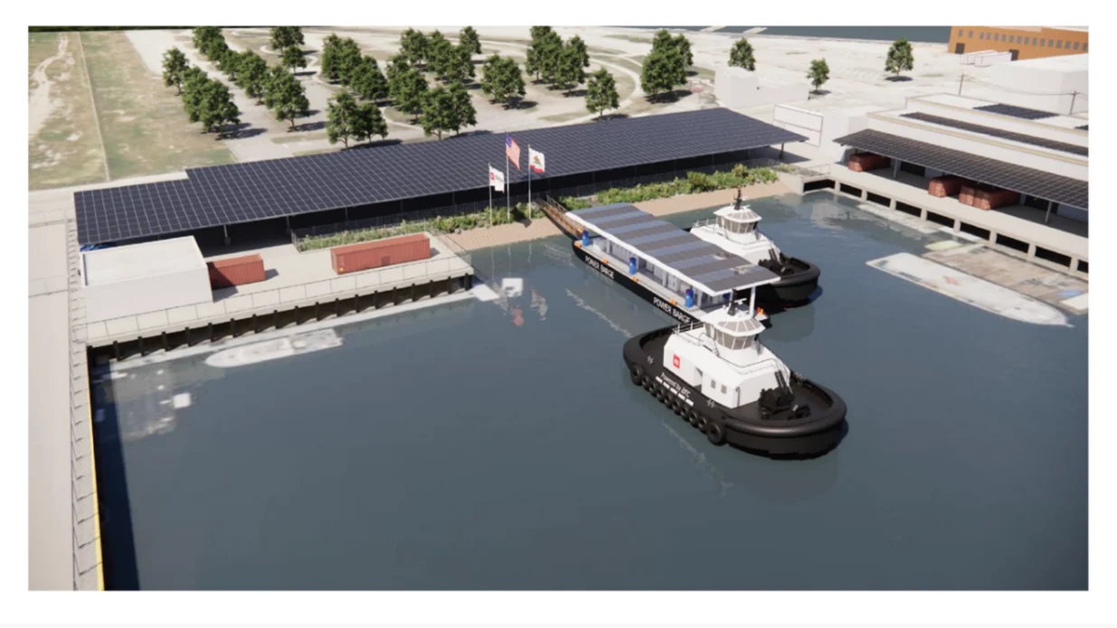 Rendering of an electric tugboat and charging vessel at the Port of Los Angeles